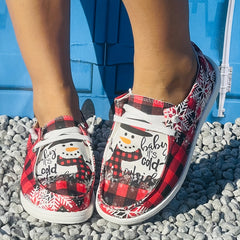 Christmas Women's Casual Flat Red Grid Snowman Print Canvas Shoes