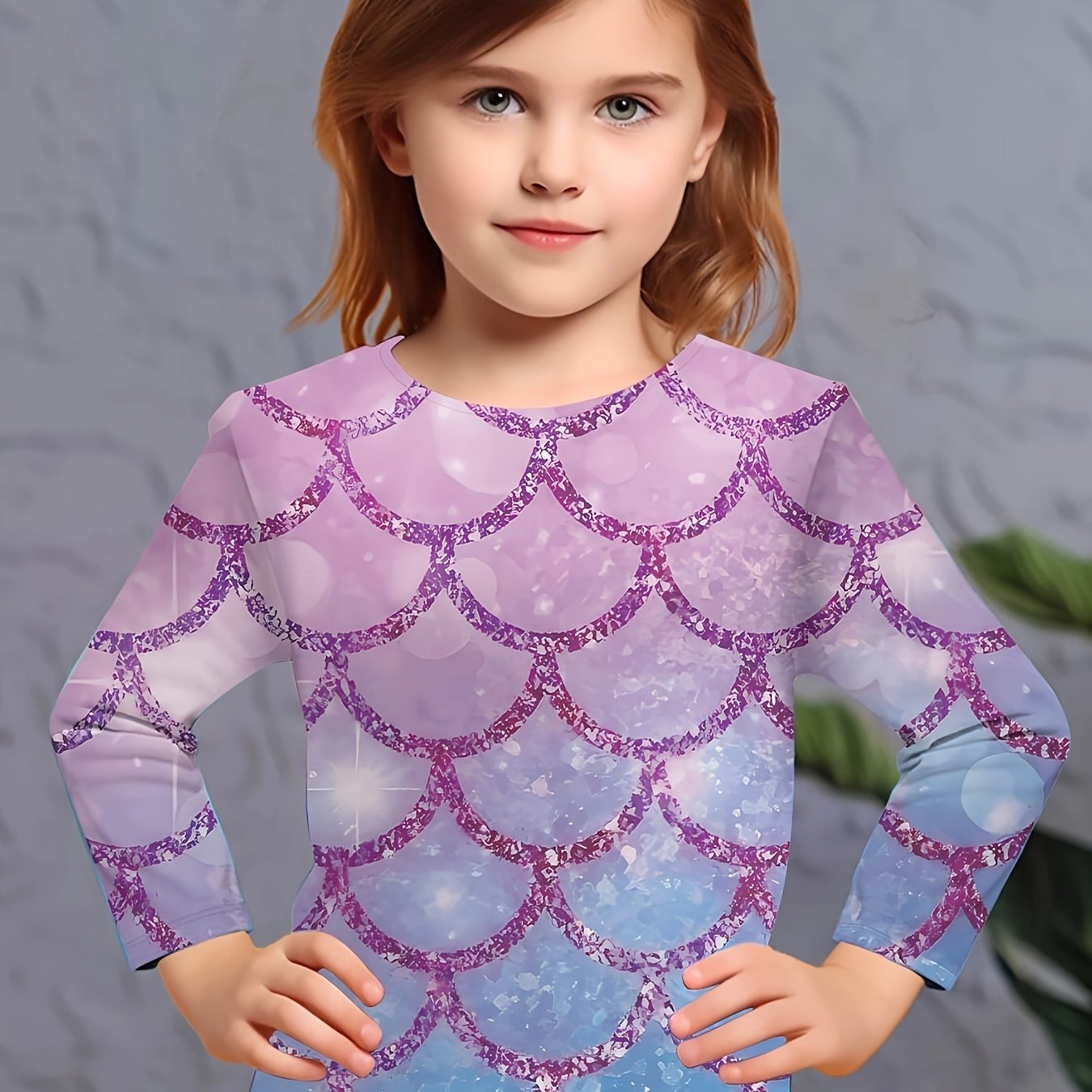 Dreamy 3D Fish Scale Print Long Sleeve Tee for Girls
