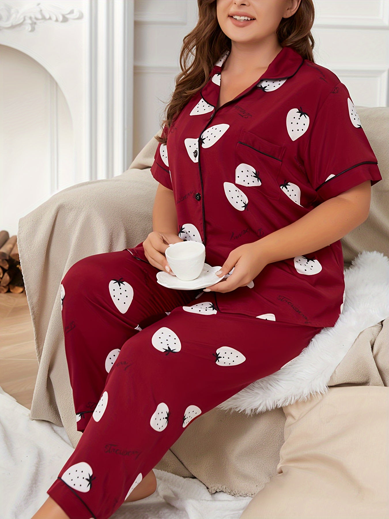 Strawberry Print Pajama Set Short Sleeve Button Up Shirt & Pants