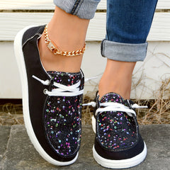 Sequins Decor Boat Shoes Lace Up Lightweight Walking Shoes