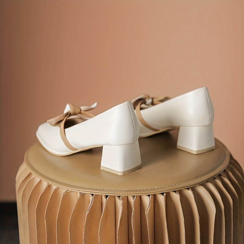 Bowknot Decor Chunky Heels Square Toe Outdoor Shoes