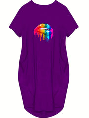 Plus Size Colorful Lip Print Short Sleeve Round Neck Dress