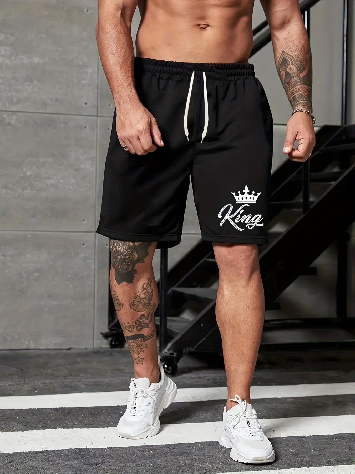 King & Crown Print Men's Shorts Summer Casual Elastic Waist Drawstring Shorts
