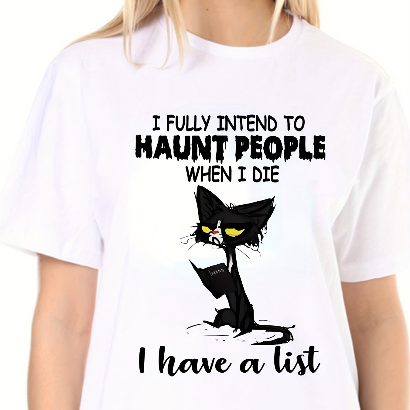 Cat Book Letter Print T-shirt Crew Neck Short Sleeve Active Tee