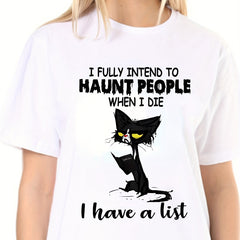 Cat Book Letter Print T-shirt Crew Neck Short Sleeve Active Tee
