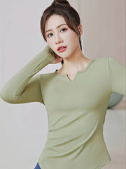 V Neck Yoga Long Sleeve Sports Top Thumb Hole Quick Dry Slimming Shirt