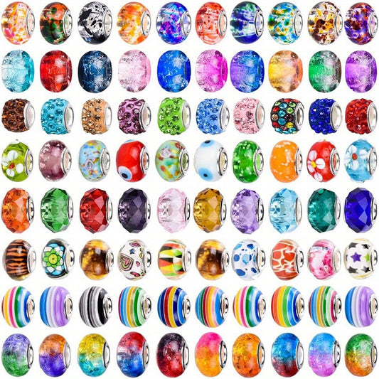 30 PCS Large Hole Glass Beads Mixed Spacer Beads With Rhinestones