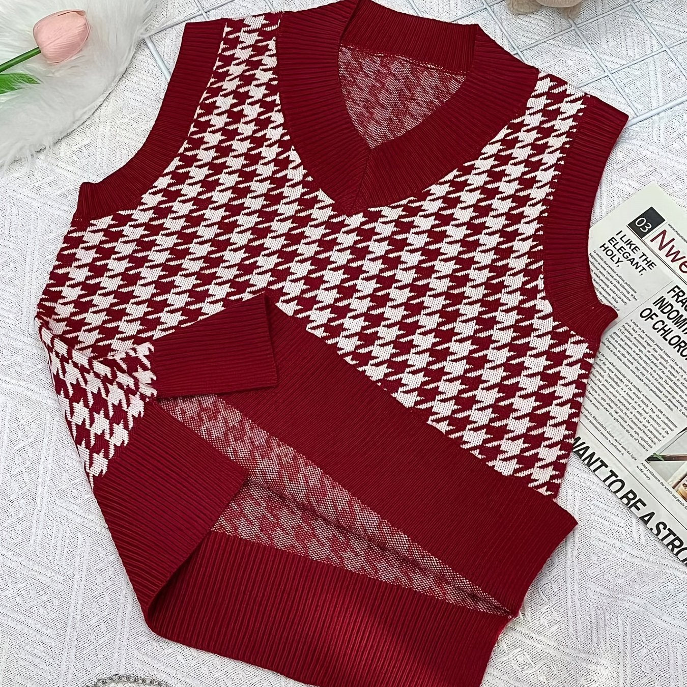 Girls Houndstooth V Neck Knitted Sweater Vest
