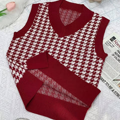 Girls Houndstooth V Neck Knitted Sweater Vest