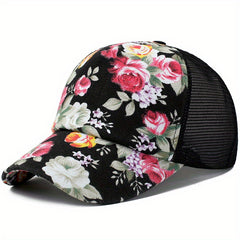 Vintage Flower Print Trucker Hat Baseball Cap Mesh Breathable
