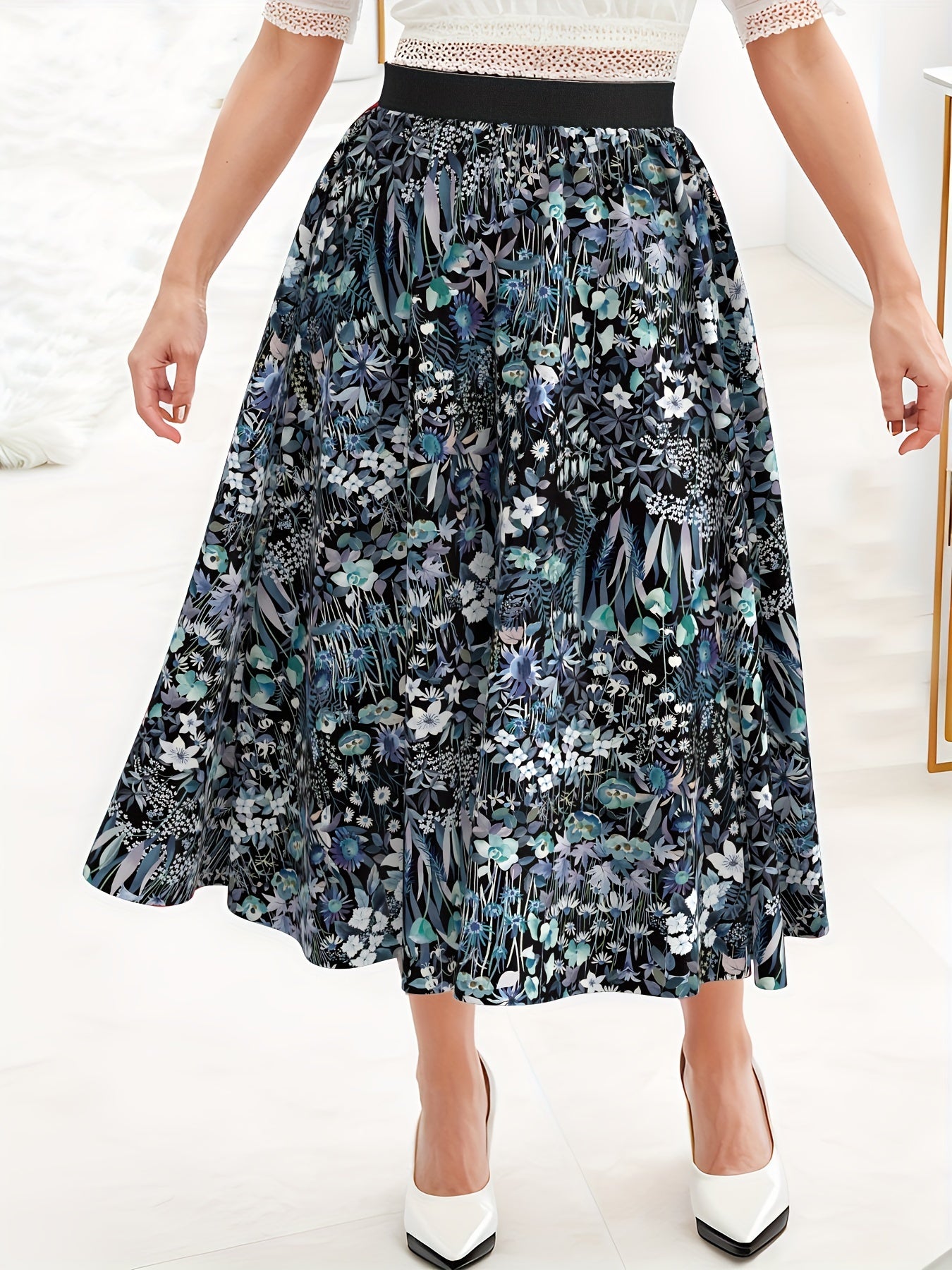 Boho Skirt Women's Plus Floral Print Elastic Tape High Rise