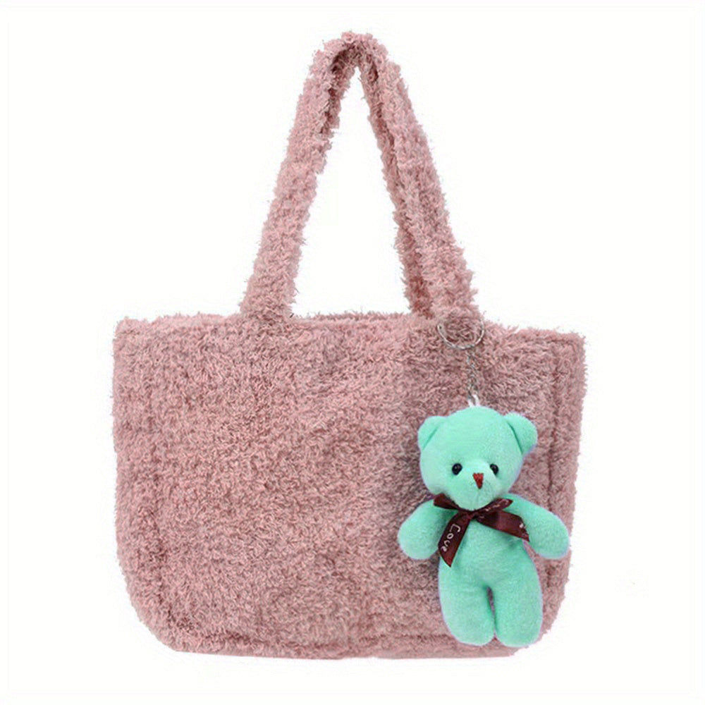 Fluffy Portable Handbag With Bear Pendant Magnet Closure