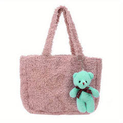 Fluffy Portable Handbag With Bear Pendant Magnet Closure