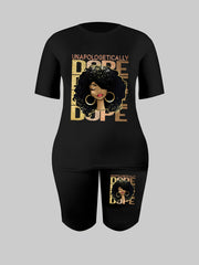 Cartoon Print Tee & Shorts Set Women's Casual 2pcs Outfits