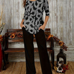 Women's Plus Leaf Print Top & Pants Outfits 2 Piece Set