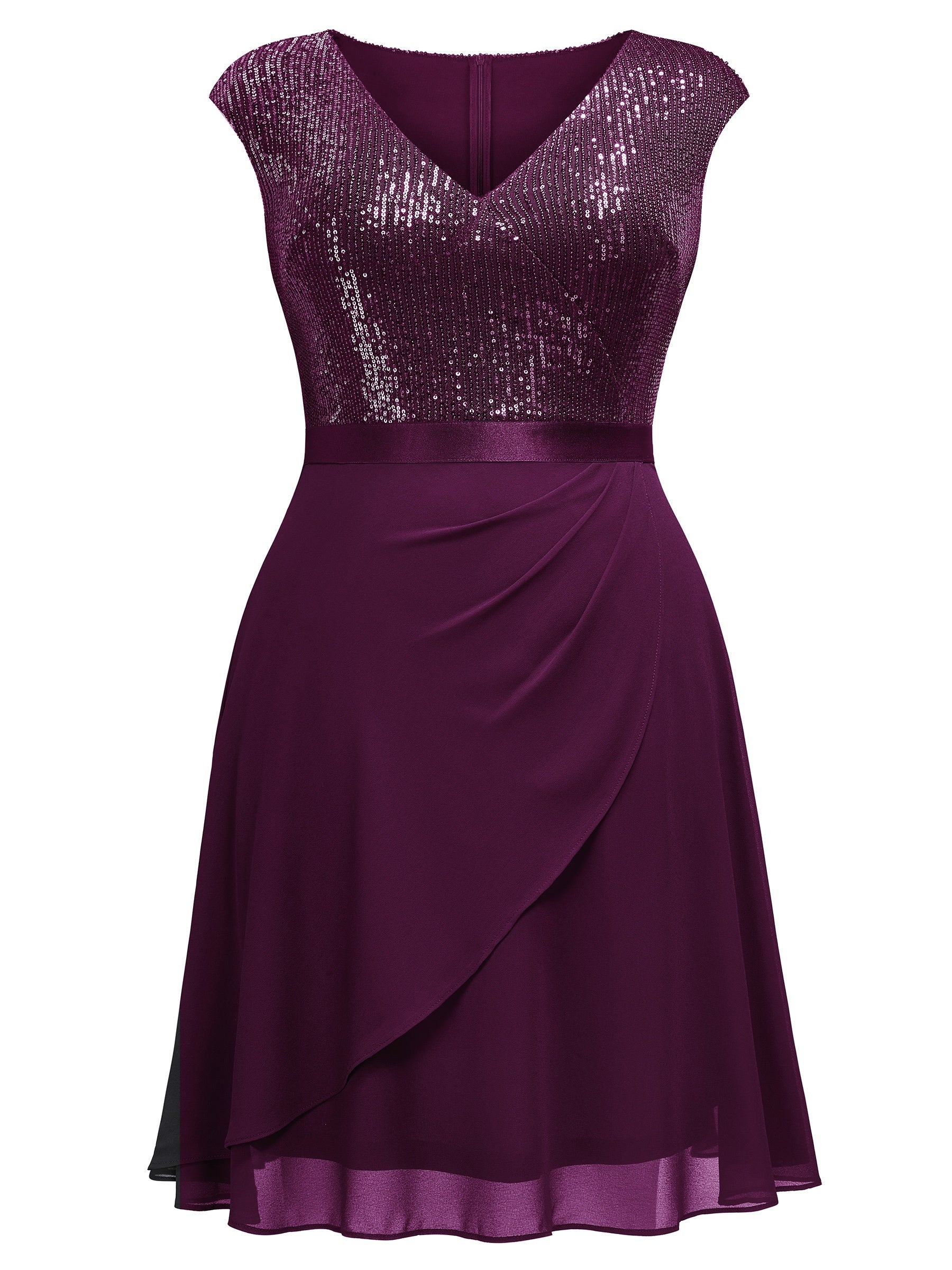 Solid Sequin Cap Sleeve V Neck Stretch Dress