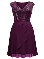 Solid Sequin Cap Sleeve V Neck Stretch Dress