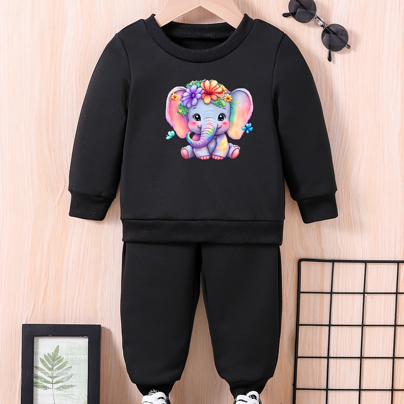 Baby Elephant & Flower Graphic Outfit Long Sleeve Sweatshirt Trousers Set
