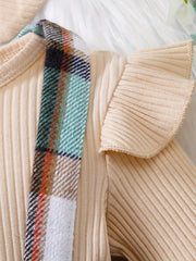 2PCS Toddler Baby Girl Outfit Long Sleeve Tops & Plaid Suspender Dress Set