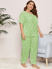 Banana Print Pajama Set Short Sleeve Top & Pants Two Piece Set