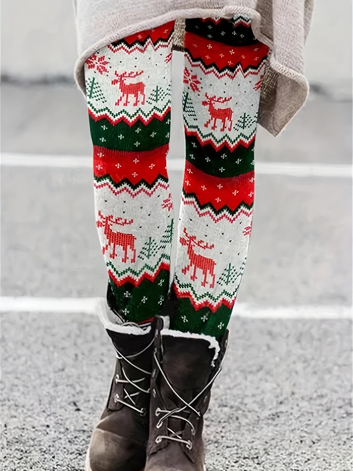 Colorblock Reindeer Print Plus Size Christmas Leggings