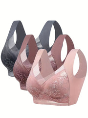 3pcs Lace Wireless Bras Full Coverage Comfy & Breathable Lingerie & Underwear