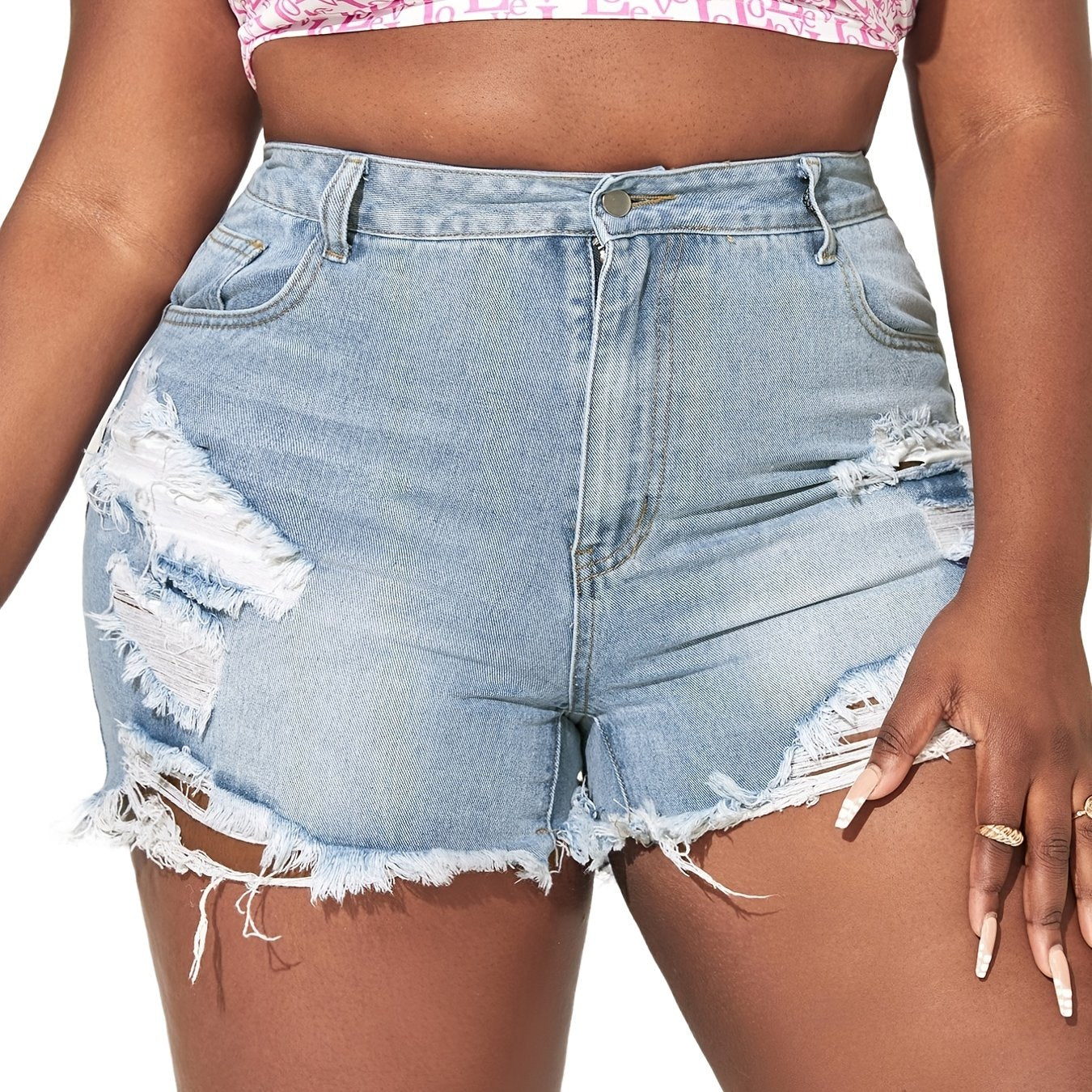 Ripped High Rise Button Fly Denim Shorts