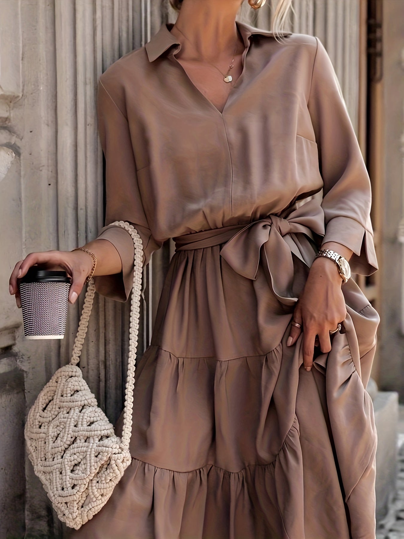 Solid V Neck Smock Maxi Dress With Belt
