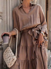 Solid V Neck Smock Maxi Dress With Belt