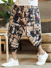 Retro Elephant Pattern Men's Cropped Beach Pants