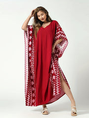 Boho Loose Fit Kaftan V Neck Geometric Print Cover Up Dress