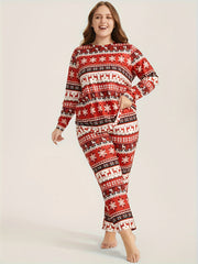 Christmas Casual Loungewear Set with Elk & Snowflake Print Tee & Pants