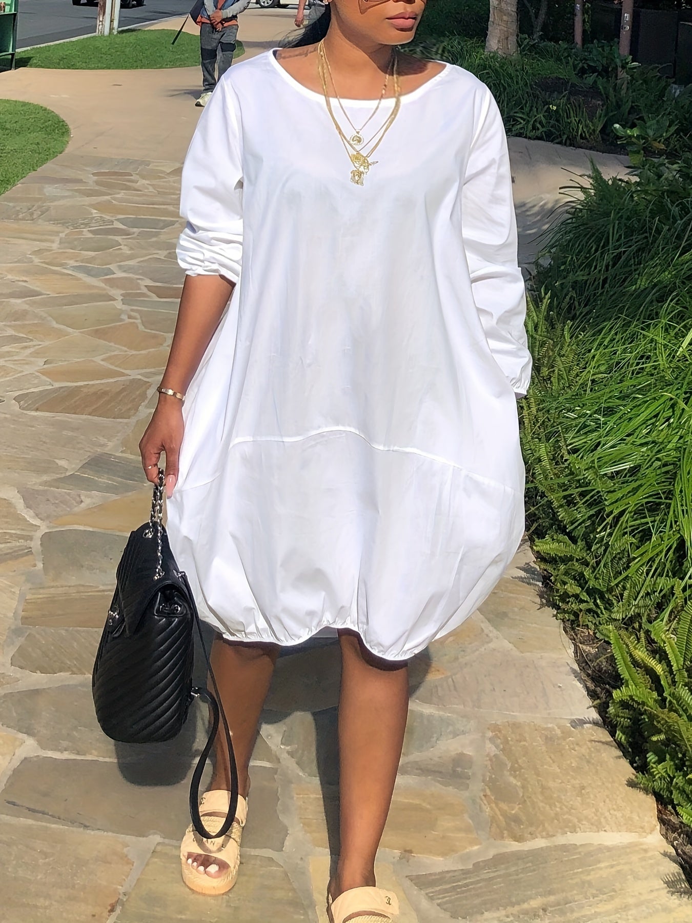 Casual Long Sleeve Round Neck Dress with Pockets