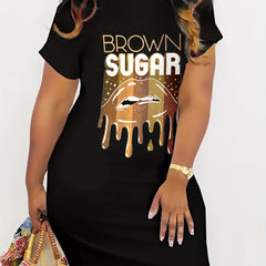 Plus Glitter Lip & Slogan Print Round Neck Dress