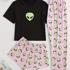 Alien Print Pajamas Set Short Sleeve Crew Neck Top & Shorts & Pants
