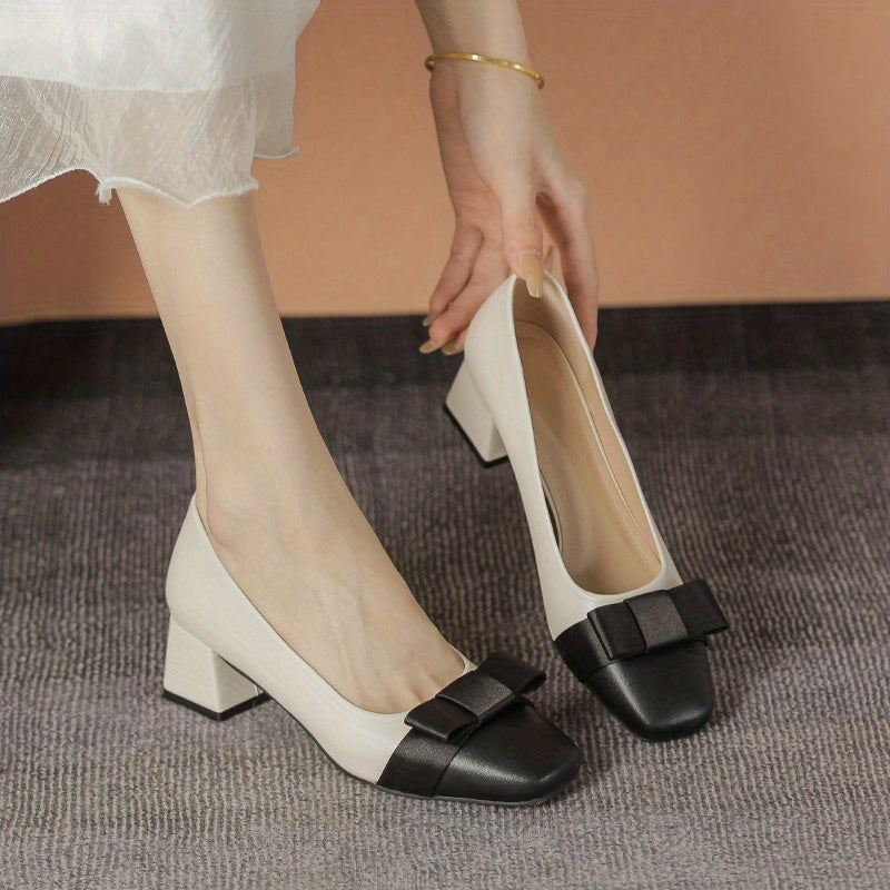 Bowknot Mid Heels Square Toe Slip-On Chunky Heels Dress Shoes