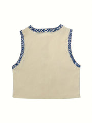 Flower Embroidered Open Front Vest Sleeveless Vest