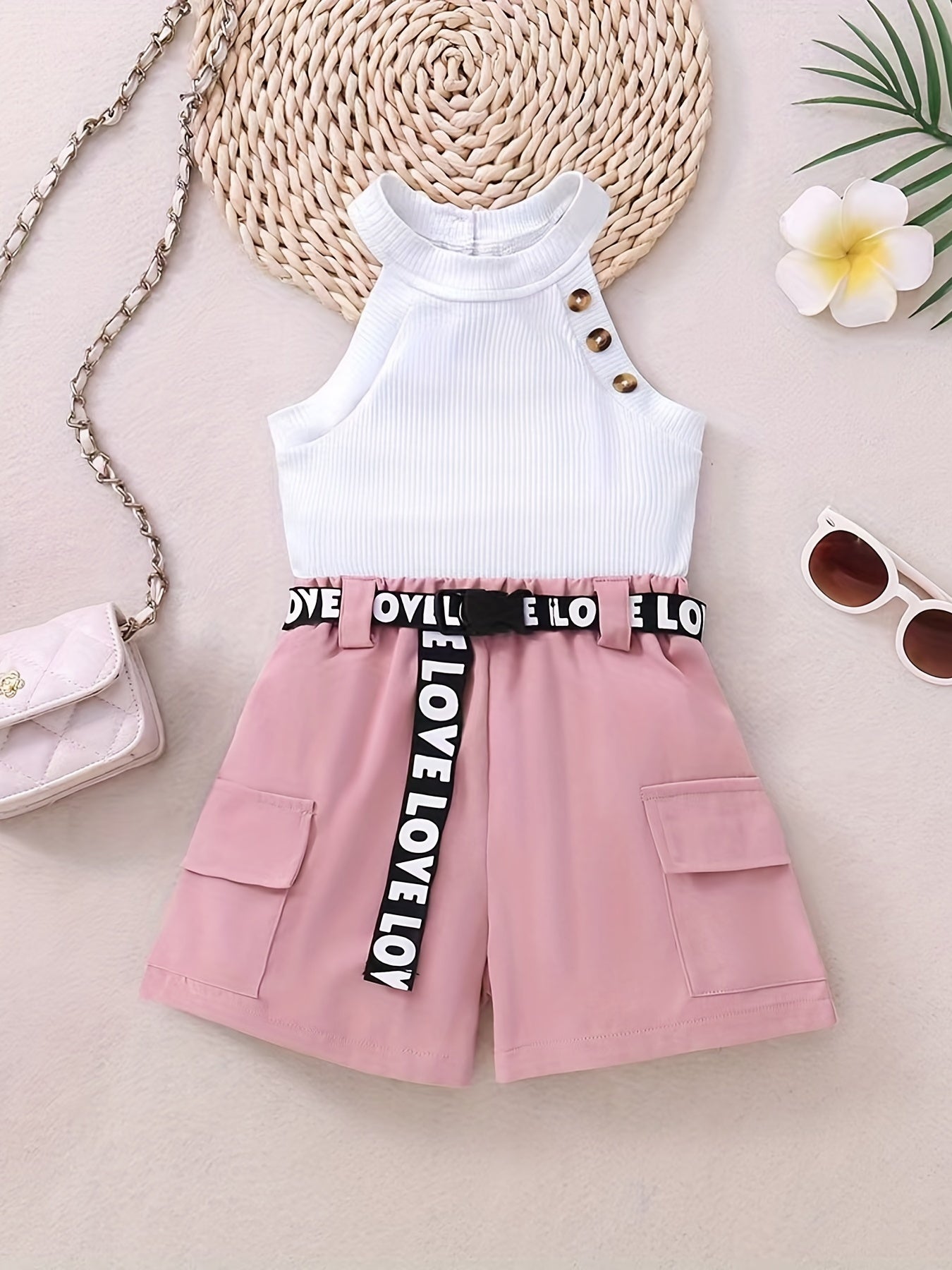 Girls' 2 Piece Outfits Ribbed Halter Neck Sleeveless Top & Shorts Set