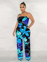 Tropical Floral Print Tube Jumpsuit Off Shoulder Summer Wide Leg Jumpsuit