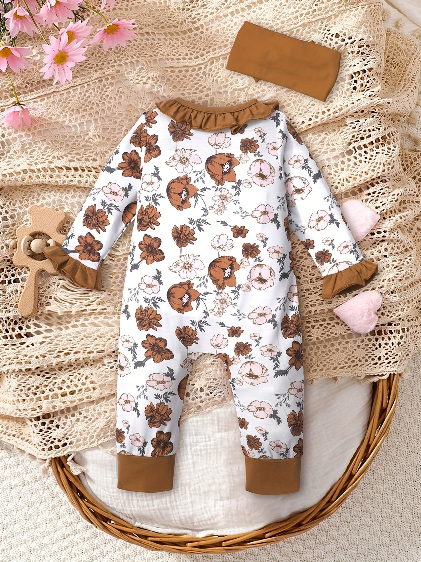 Newborn Baby Girl Floral Print Ruffle Jumpsuit With Headband