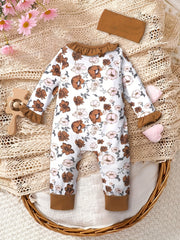 Newborn Baby Girl Floral Print Ruffle Jumpsuit With Headband