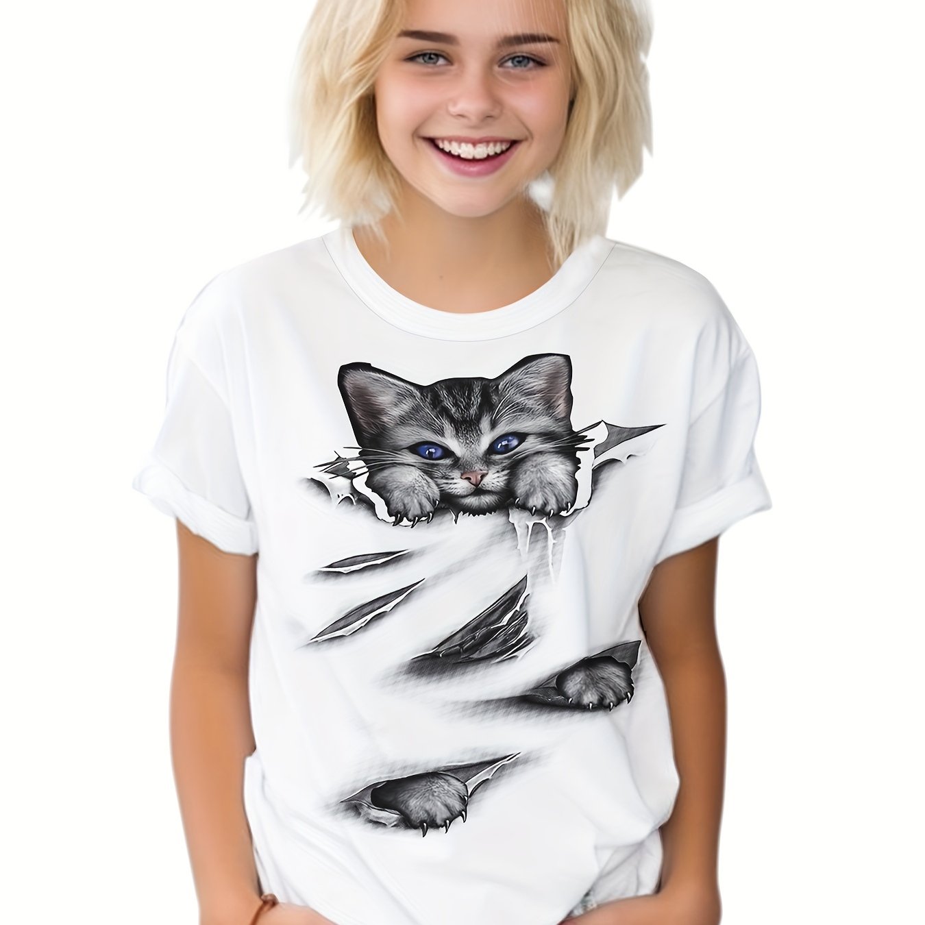 Creative Cat Graphic Short Sleeve T-shirt for Kids Summer Sports