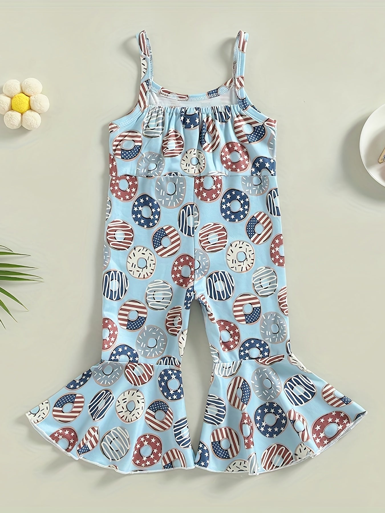 Girl Donuts Print Overall Jumpsuit Sleeveless Wide Leg Romper Pants