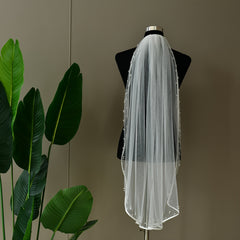 Long Bridal Veil with Beaded Detail Satin V Neck 3 4 Sleeve