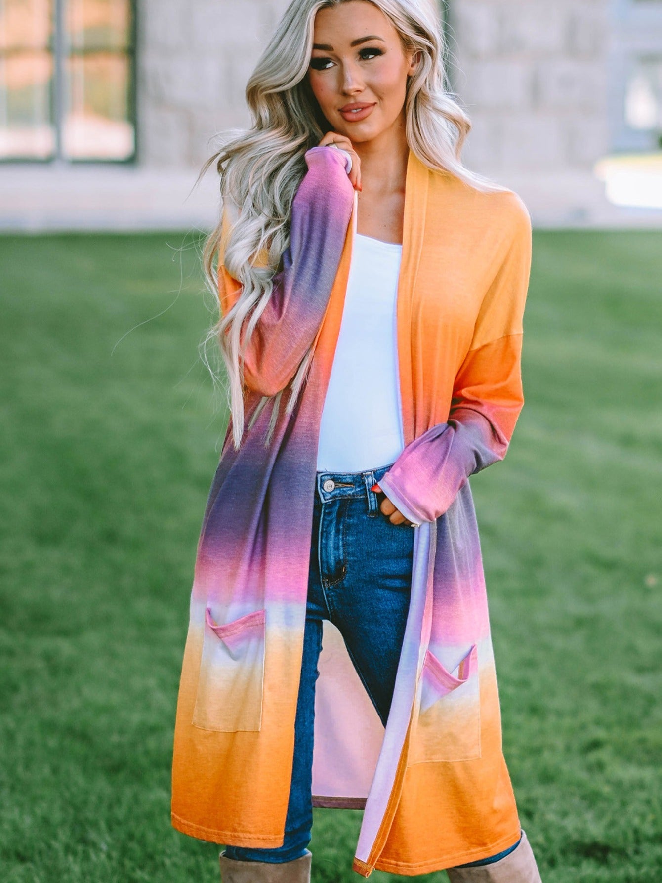 Women's Yellow Tie Dye Cardigan Open Front Mid Length Sweater