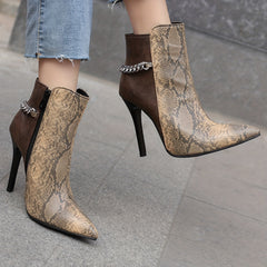Women's Snakeskin Stiletto Boots Metal Chain Decor Short Boots