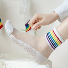 6 Pairs Rainbow Striped Crew Socks for Women