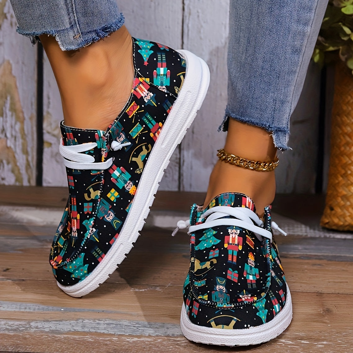Women's Skateboard Shoes with Nutcracker Christmas Tree Wooden Horse Pattern