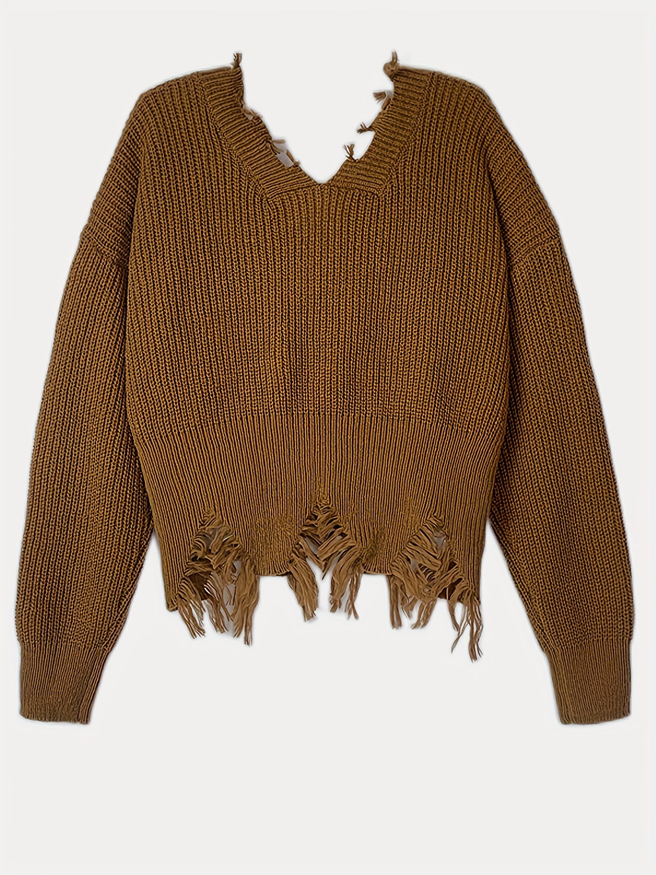 V Neck Tassel Sweater Long Sleeve Crop Sweater