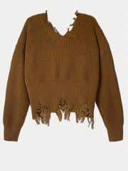 V Neck Tassel Sweater Long Sleeve Crop Sweater